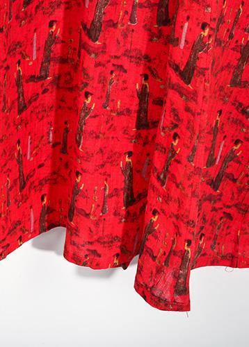 French Half Sleeve Cotton Linen Clothes for Pattern Red Dress Summer