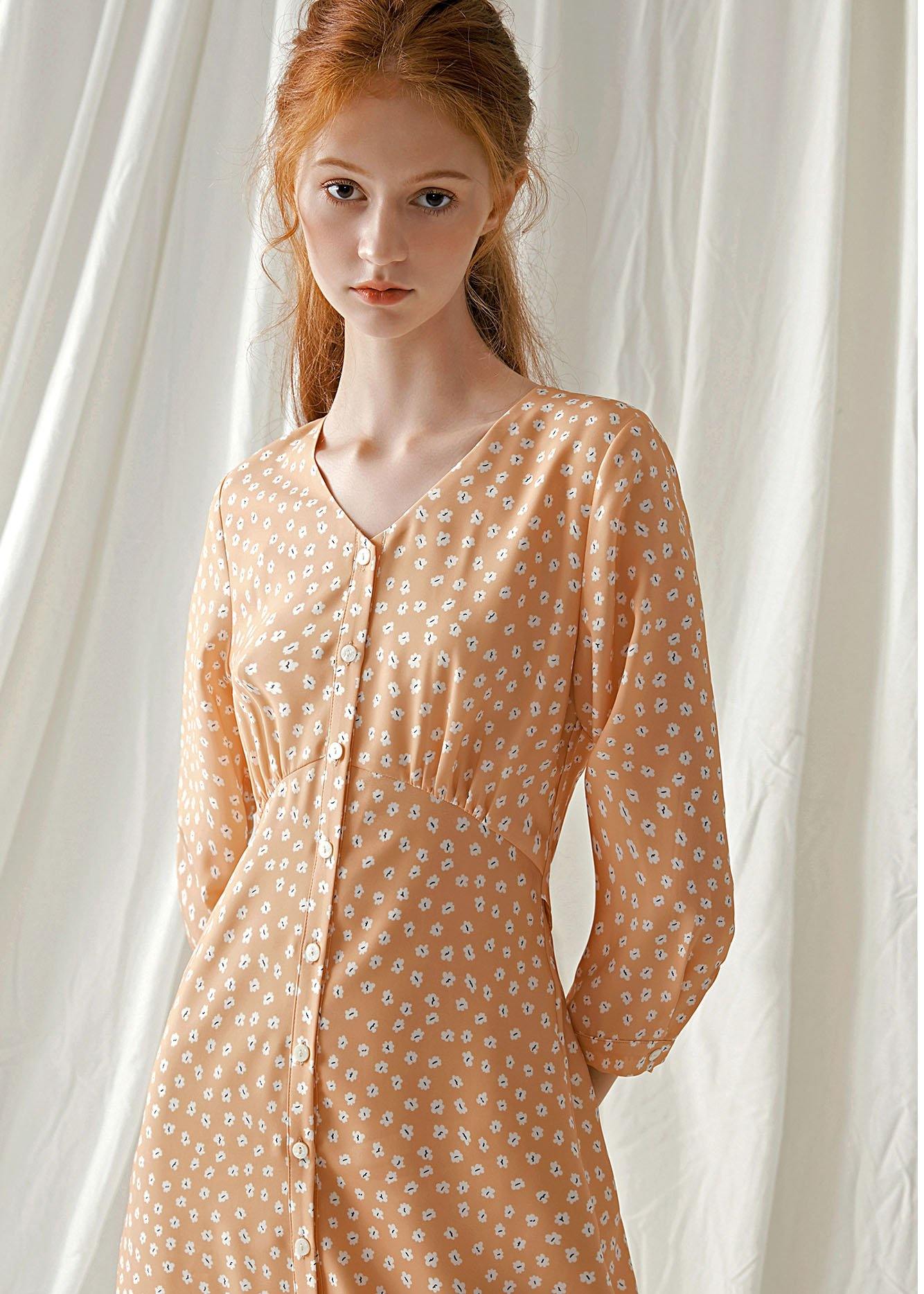 French Light Orange Blended Outfit Tie Waist Traveling Fall Dresses