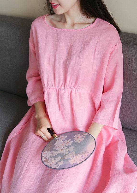 French O Neck Half Sleeve Linen Outfit Design Pink Dress