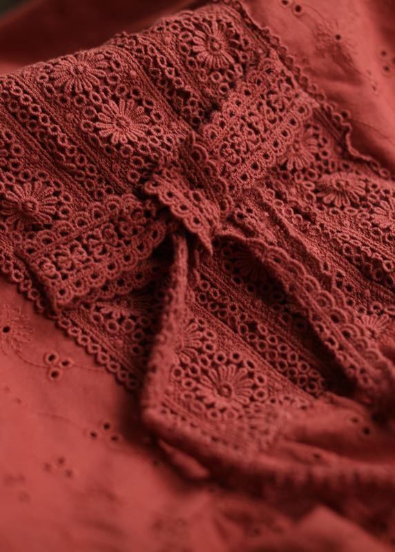 French O Neck Tie Waist Cotton Summer Clothes Neckline Red Maxi Dresses