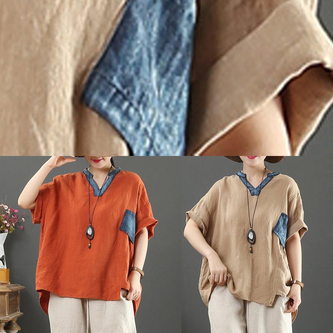 French Orange Linen Tops V Neck Pockets Silhouette Shirt
