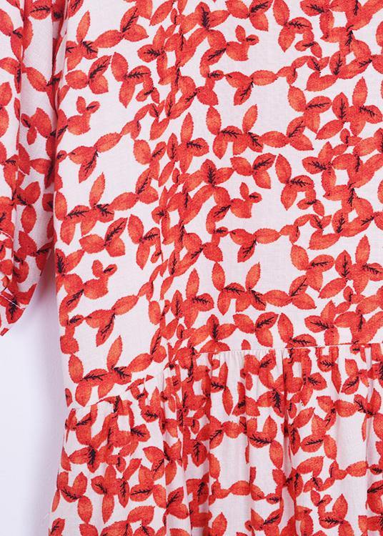 French Red Print Linen Wardrobes O Neck Cinched Art Summer Dresses