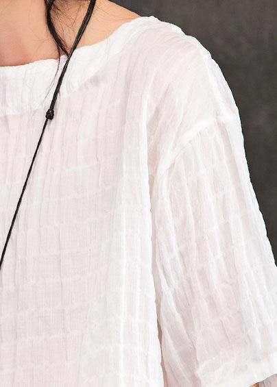 French White Linen Blouses for O Neck Half Sleeve Art Summer Shirts