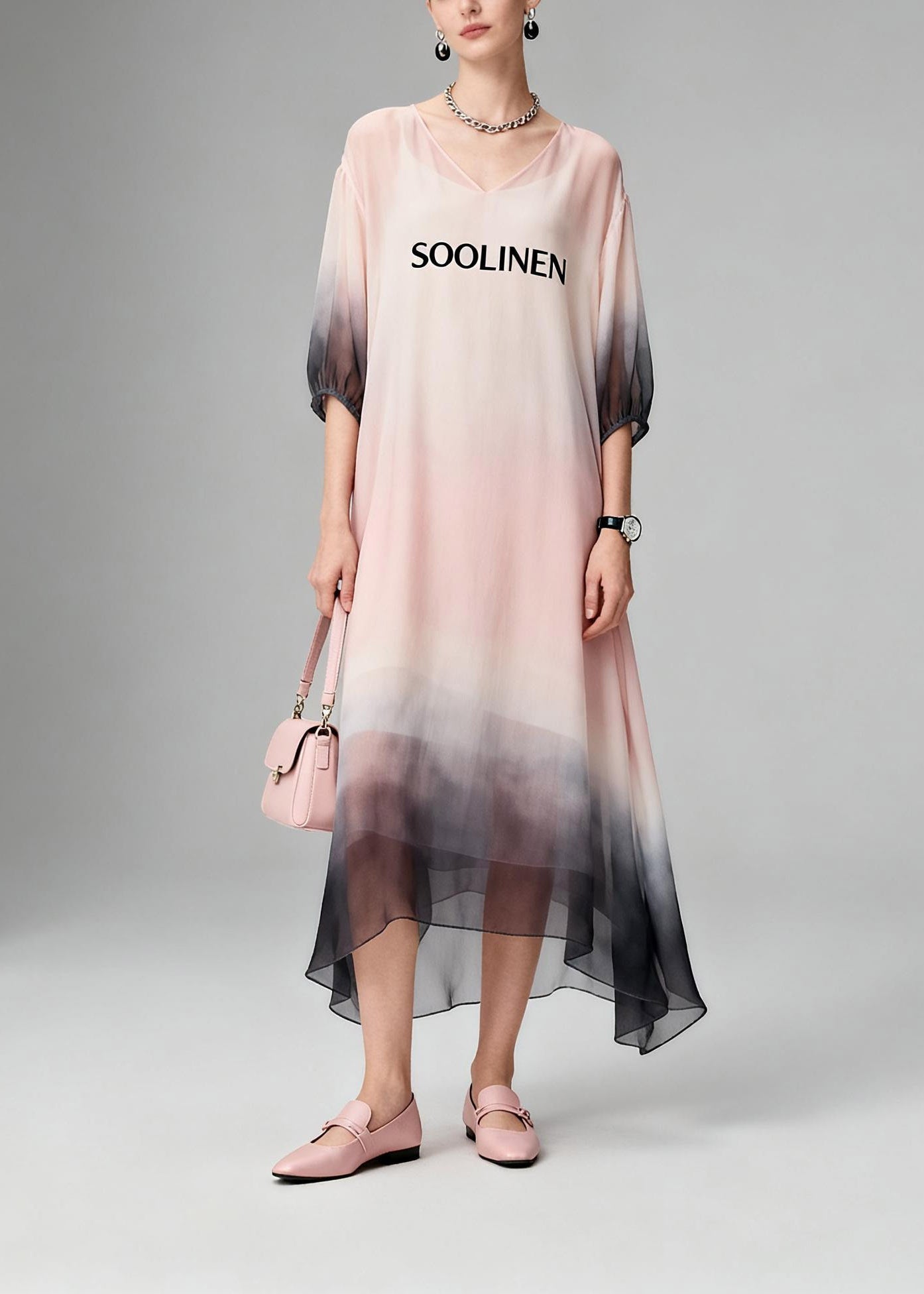 Gradient Color Pink V Neck Long Dress Summer