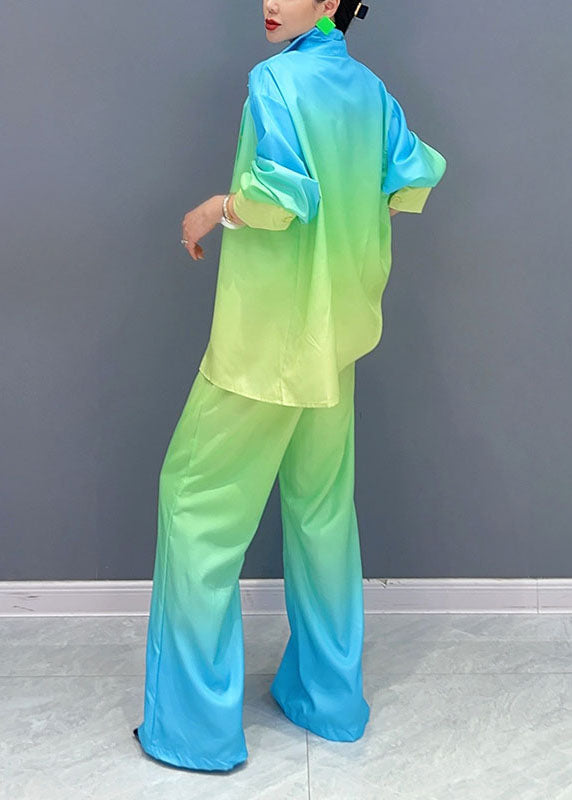 Gradient Color Yellow Peter Pan Collar Button Shirts and Pants Two Piece Set Fall