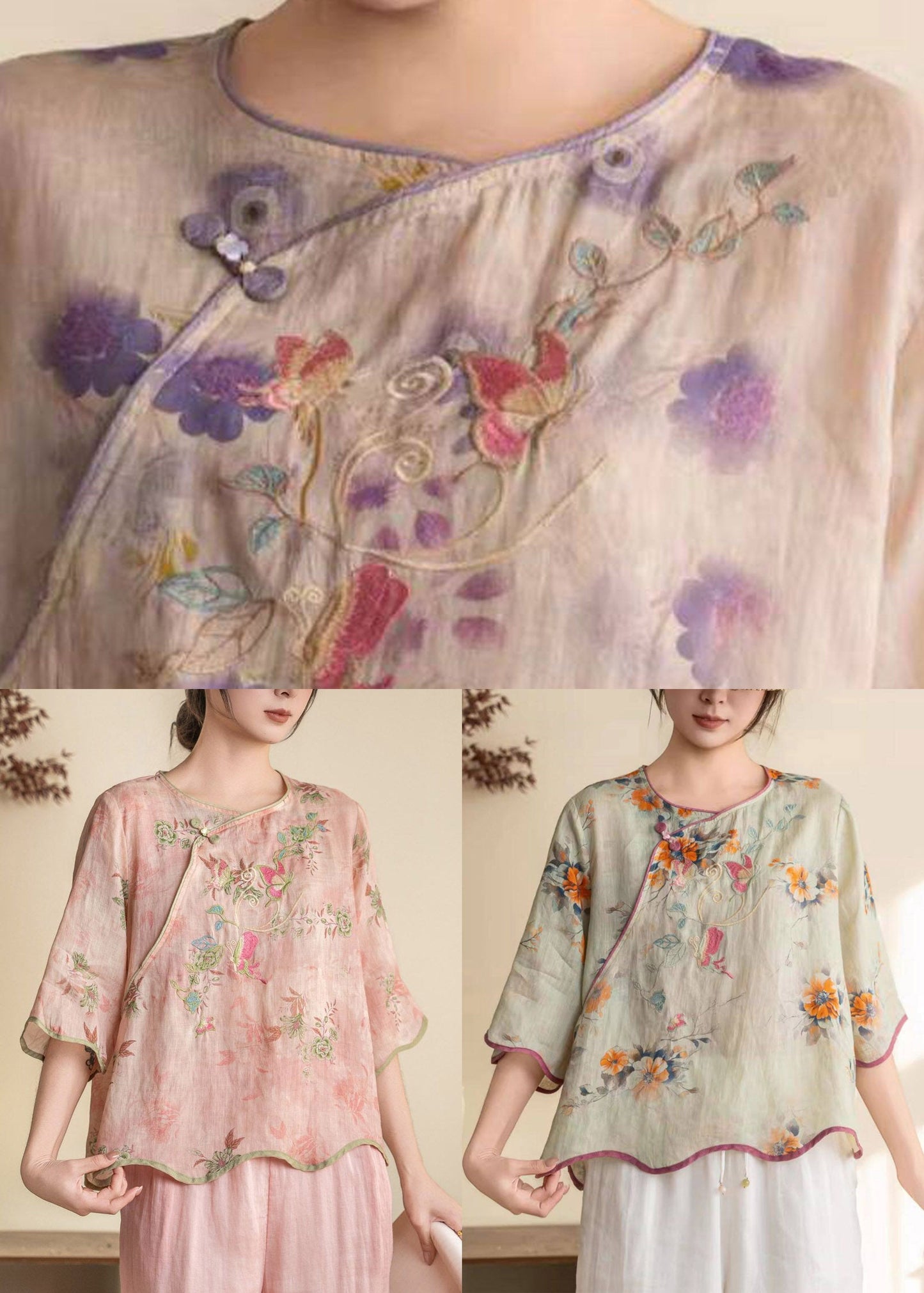 Green O-neck Patchwork Linen Top Half Sleeve