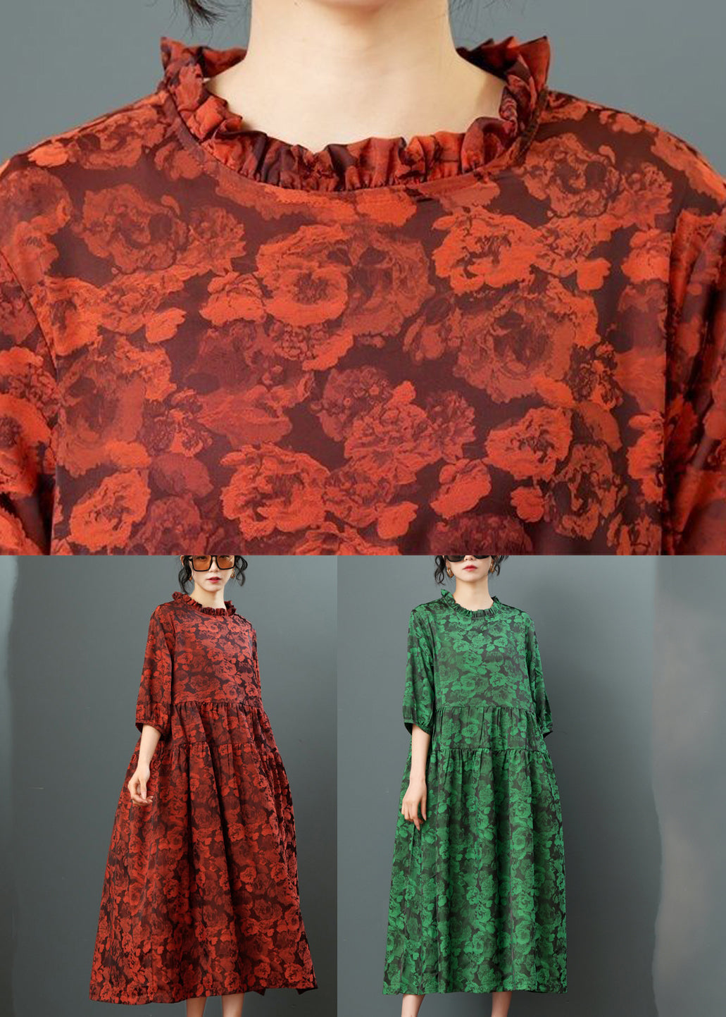 Green O-neck Print Drawstring Maxi Dress Half Sleeve
