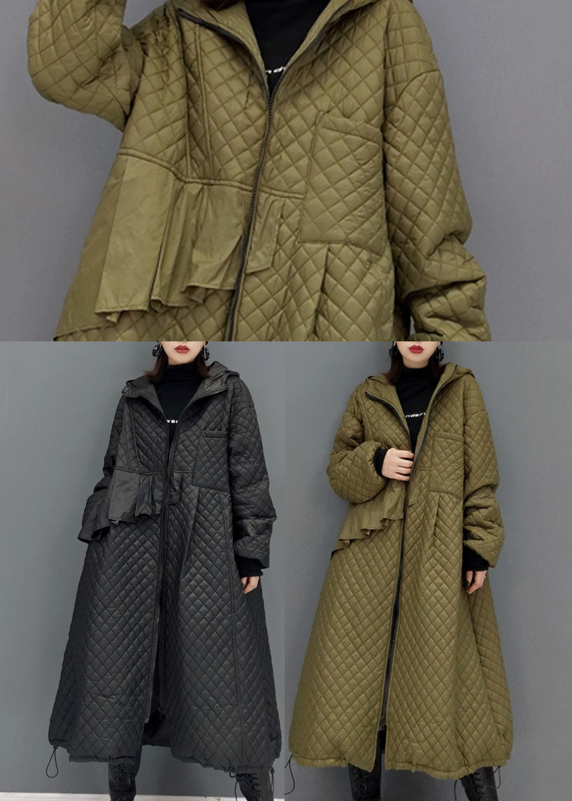 Green Plaid Fine Cotton Filled Coats Drawstring Zip Up Winter