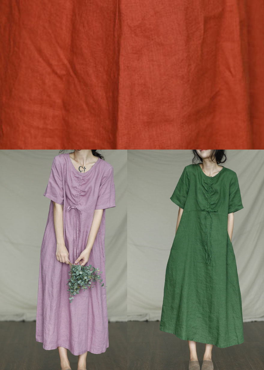 Green Pockets Linen Dress Short Sleeve