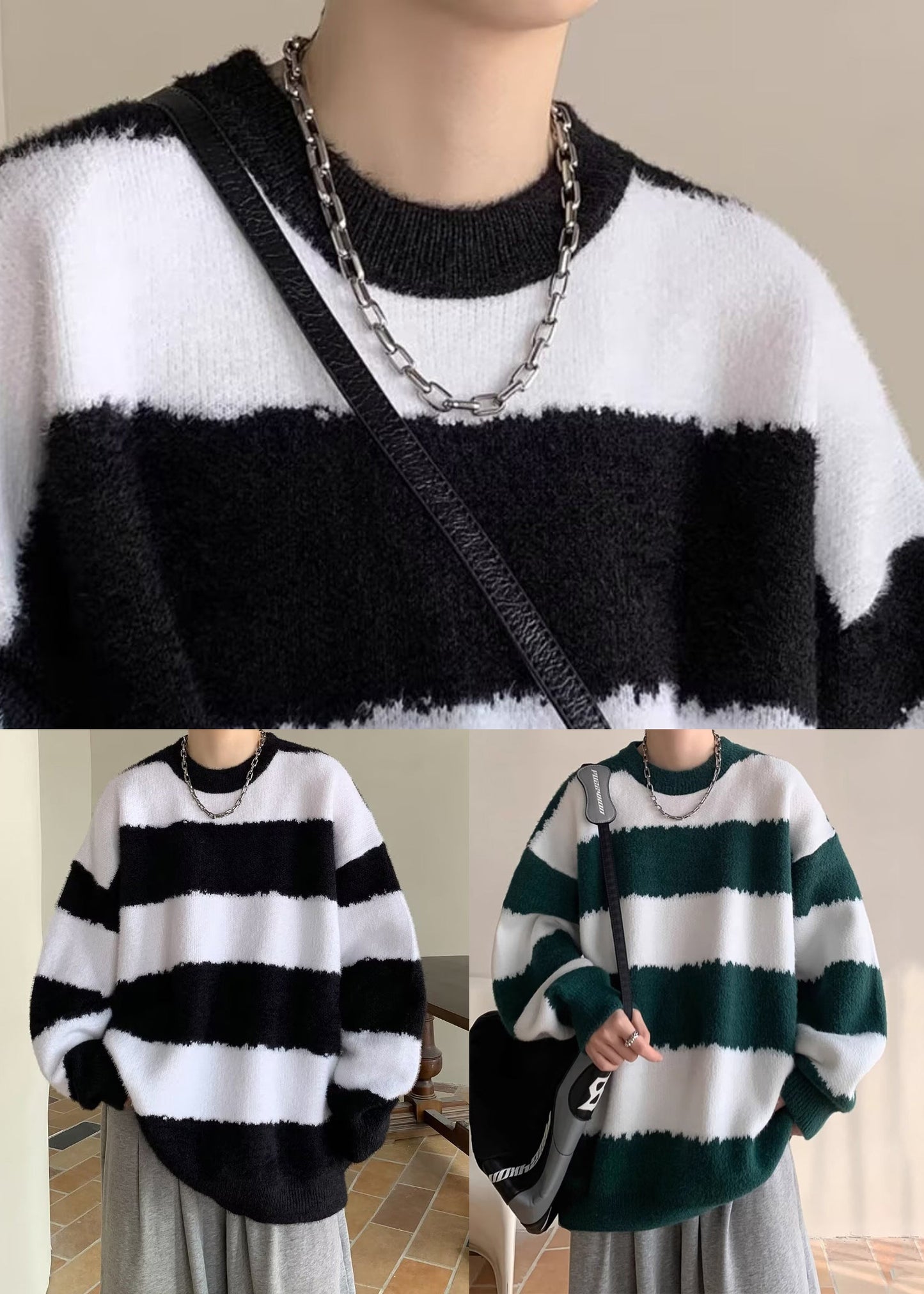 Green Striped Cozy Patchwork Knit Winter Sweaters O Neck