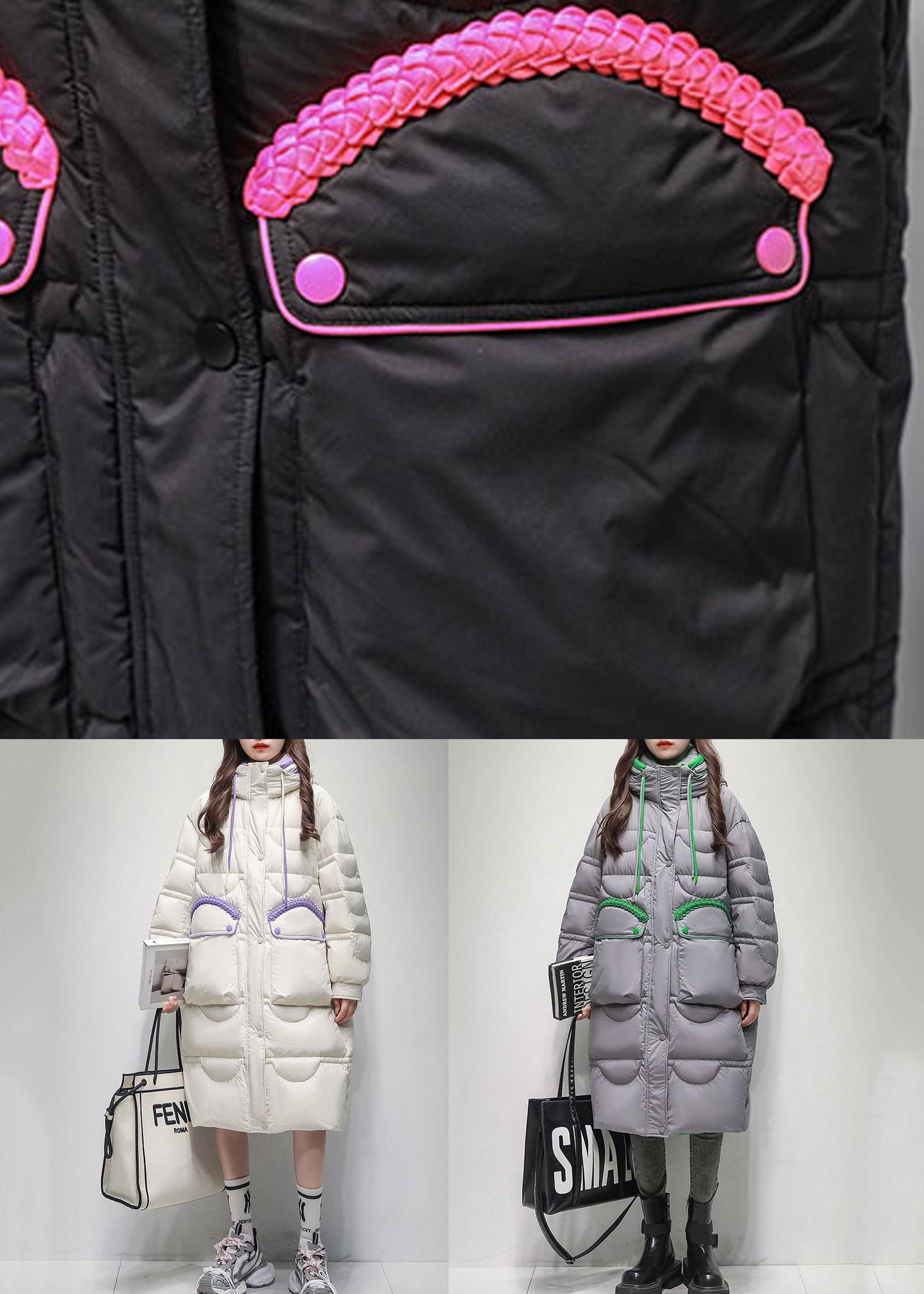 Grey Button Pockets Duck Down Winter Down Long Coat Hooded