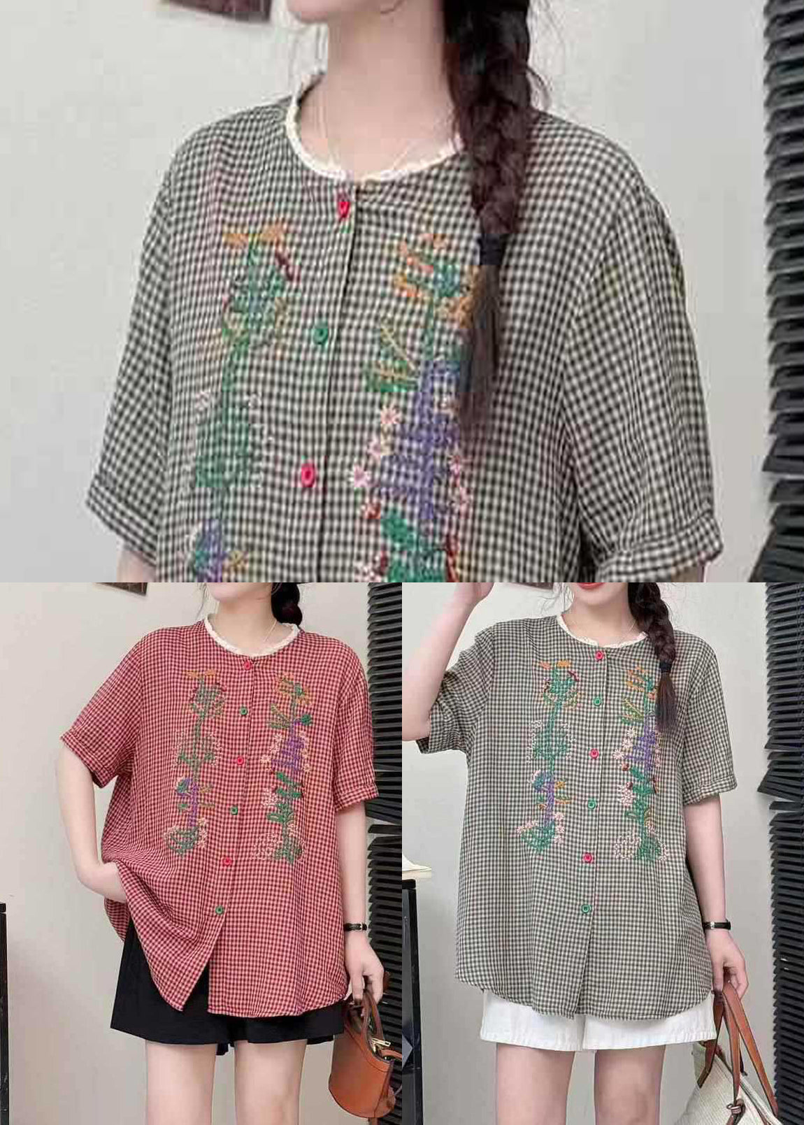 Grey Plaid Linen Blouses Embroidered Summer