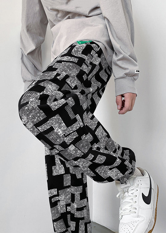 Grey Print Cotton Pants Oversized Spring