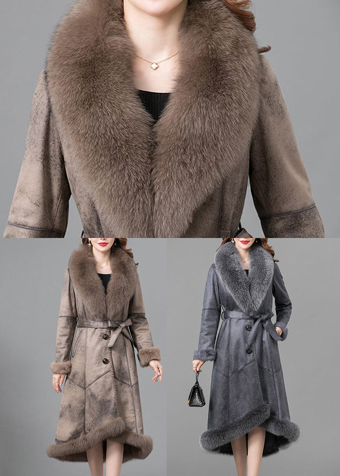 Grey Silm Fit Fuzzy Rabbit Leather and Fur Jacket Fox Collar Winter