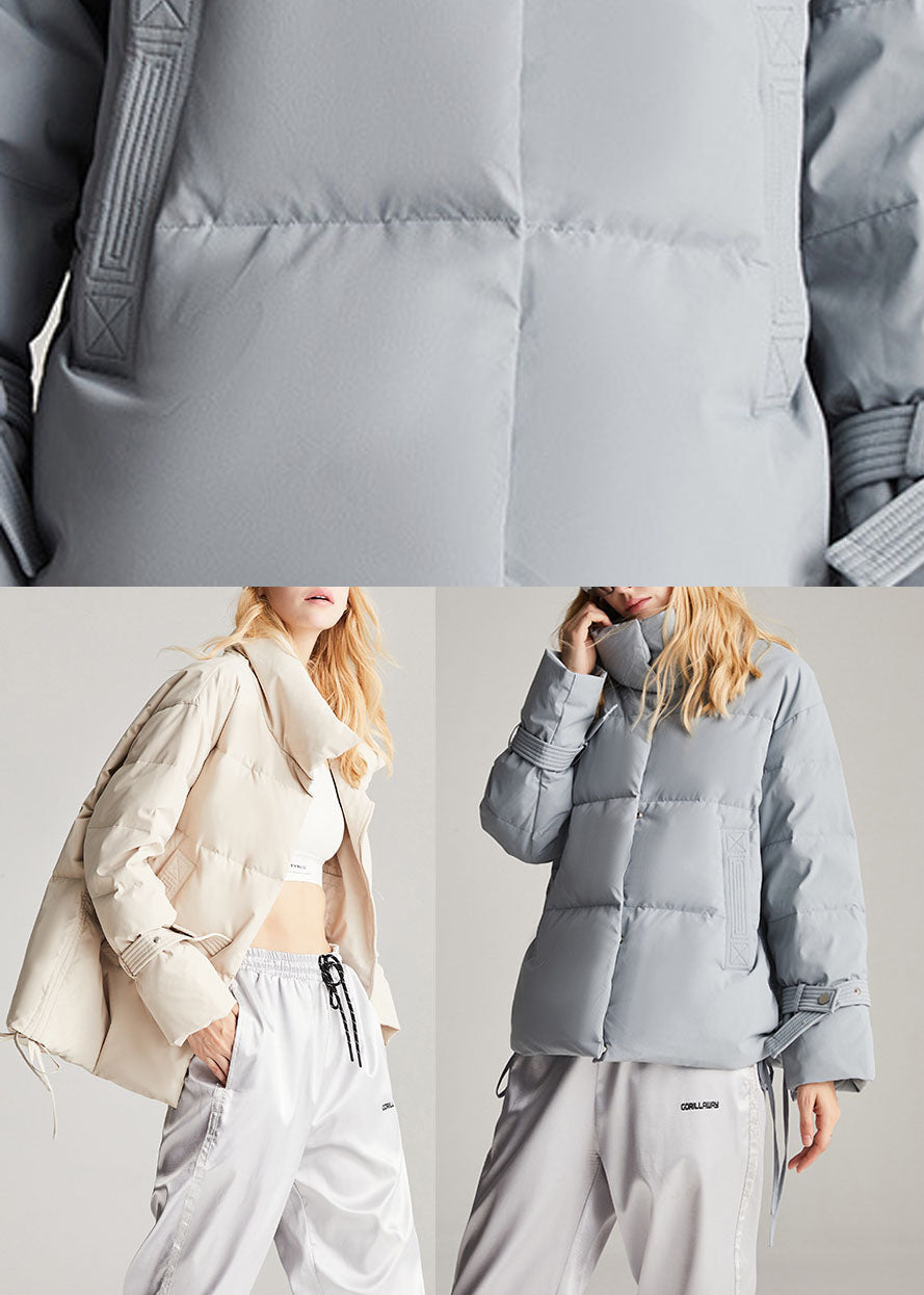 Handmade Beige Pockets Drawstring Winter Duck Down Coat