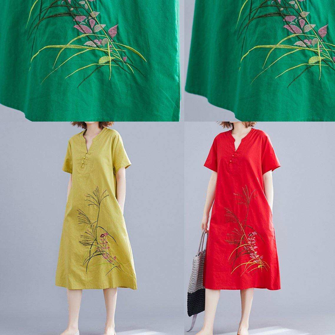 Handmade Chinese Button Linen Dresses Tutorials Yellow Embroidery Dress Summer
