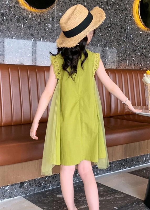 Handmade Green Tulle Patchwork Cotton Kids Mid Dresses Sleeveless