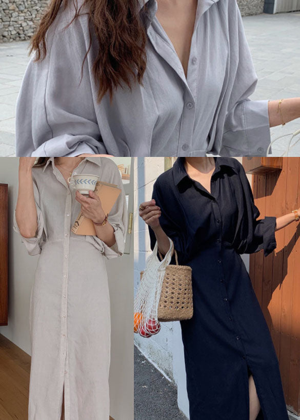 Handmade Light Chocolate Bat Wing Sleeve Patchwork Cotton Shirt Dress Long Sleeve