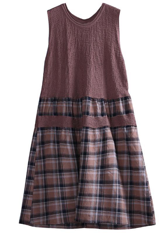 Handmade Chocolate Plaid Linen Dresses O Neck Patchwork Dress