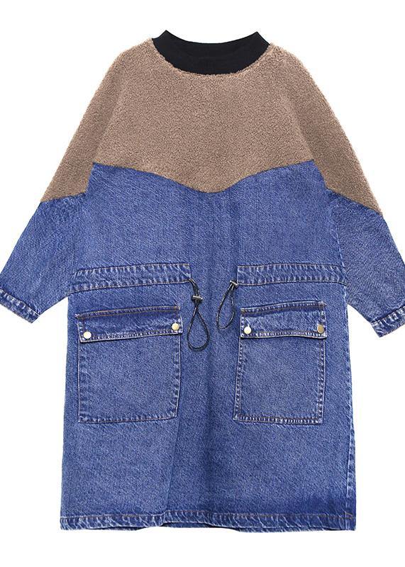 Handmade Denim Blue Cotton Quilting Dresses Drawstring Long Patchwork Dresses