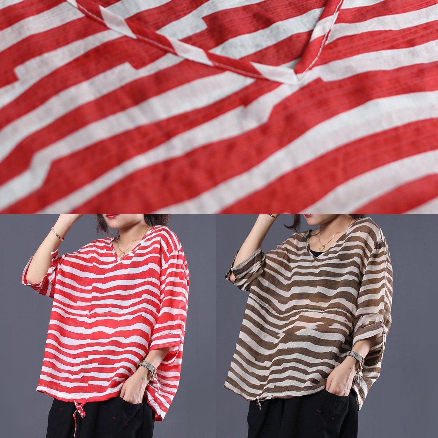 Handmade Drawstring Hem Cotton Tunics for Sleeve Red Striped Shirts Summer