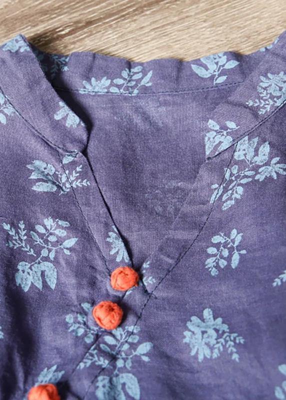 Handmade Linen Robes Organic Retro Plant Print V-neck Loose Ramie Blouse