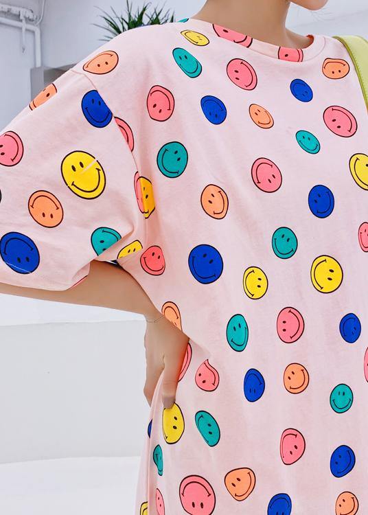 Handmade O Neck Clothes Neckline Pink Smiley Print Dresses