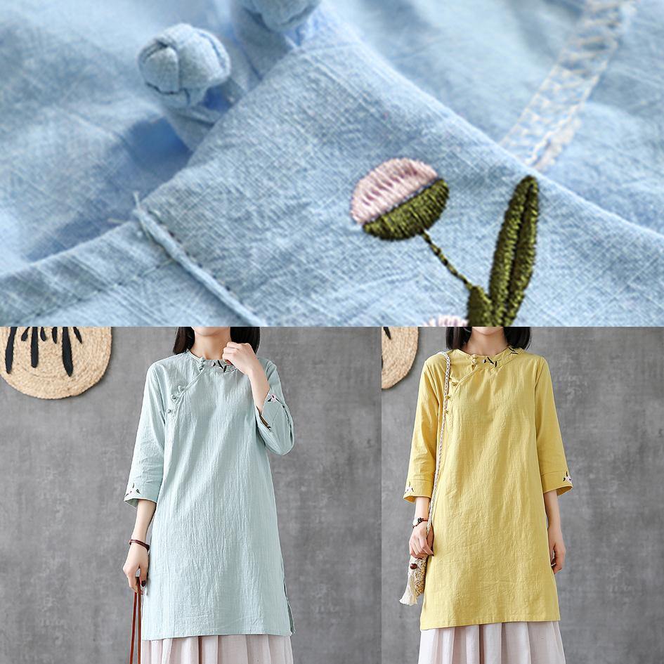 Handmade O Neck Embroidery Linen Clothes for Catwalk Light Green Dresses