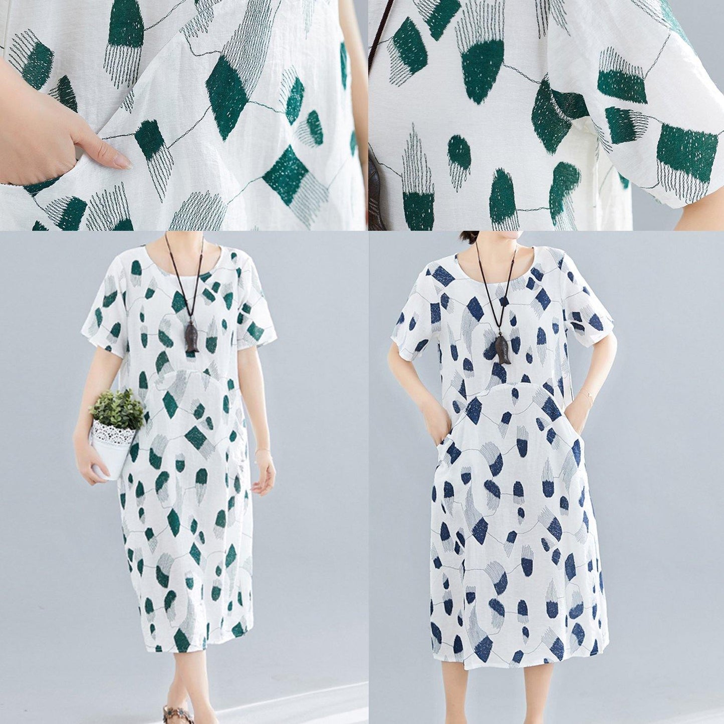 Handmade O Neck Pockets Linen Dresses Sewing Navy Print Dress Summer