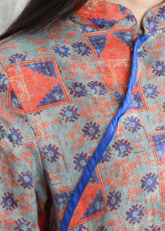 Handmade Orange Print Linen Clothes for Stand Collar Side Open Cotton Dresses