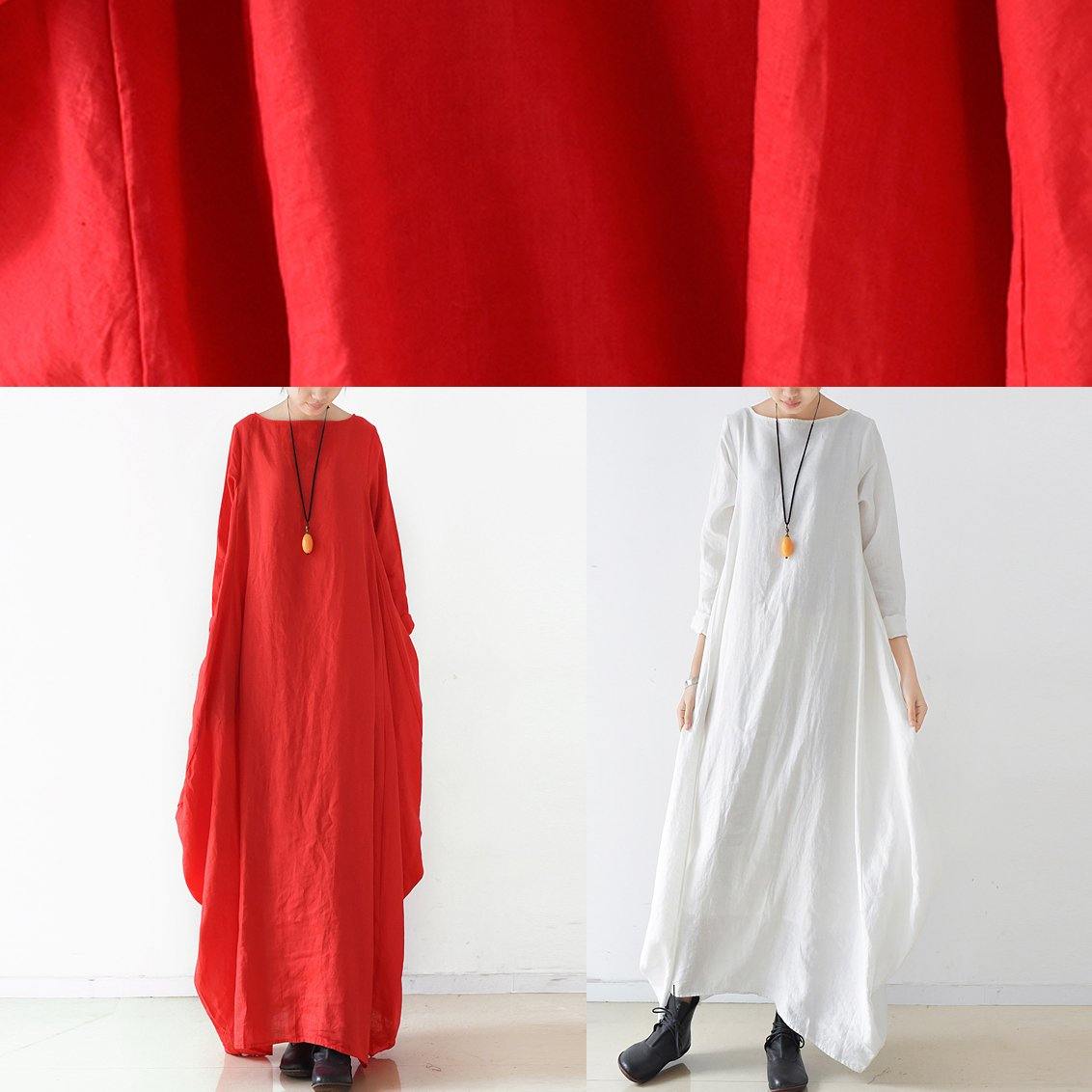Handmade Red Dress O Neck Long Sleeve Robe Dresses