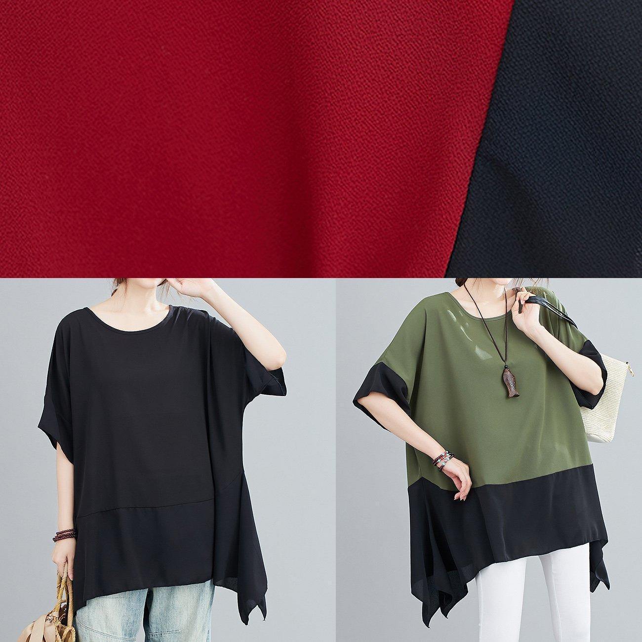 Handmade Red Tops O Neck Patchwork Summer Shirts