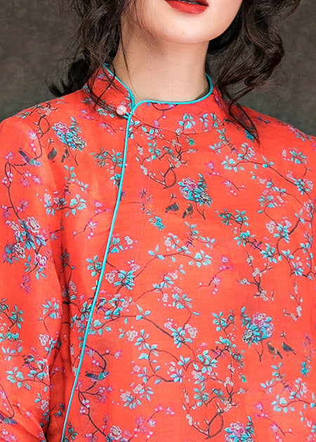 Handmade Stand Collar Side Open Linen Clothes Ideas Red Print Dress Summer