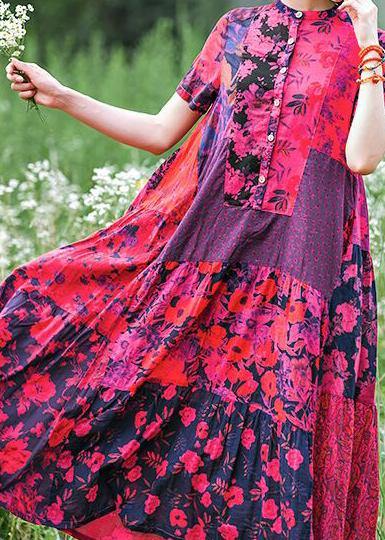 Handmade Yellow Print Cotton Dresses Stand Collar Extra Large Hem Loose Dresses