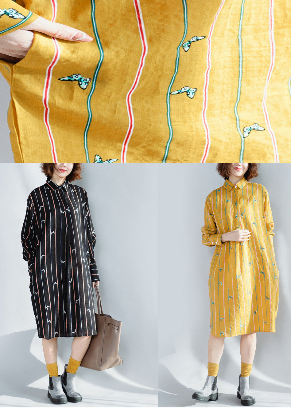 Handmade Yellow Striped Cotton Clothes for Korea Photography Lapel Button Down Spring Dress