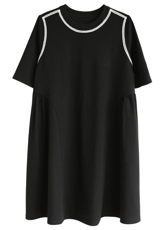 Italian Black O-neck Patchwork Knit Cinch Mid Dress Short Sleeve