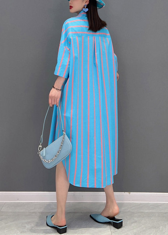 Italian Blue Peter Pan Collar Button Tie Waist Striped Shirt Dress Batwing Sleeve