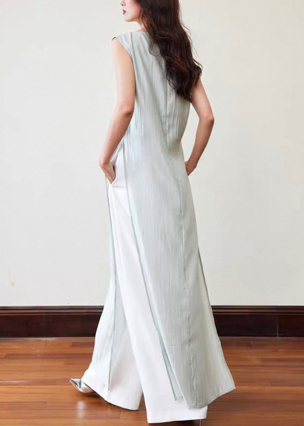 Italian Blue Side Open Tops and White Pants Cotton Two-piece Set Sleeveless