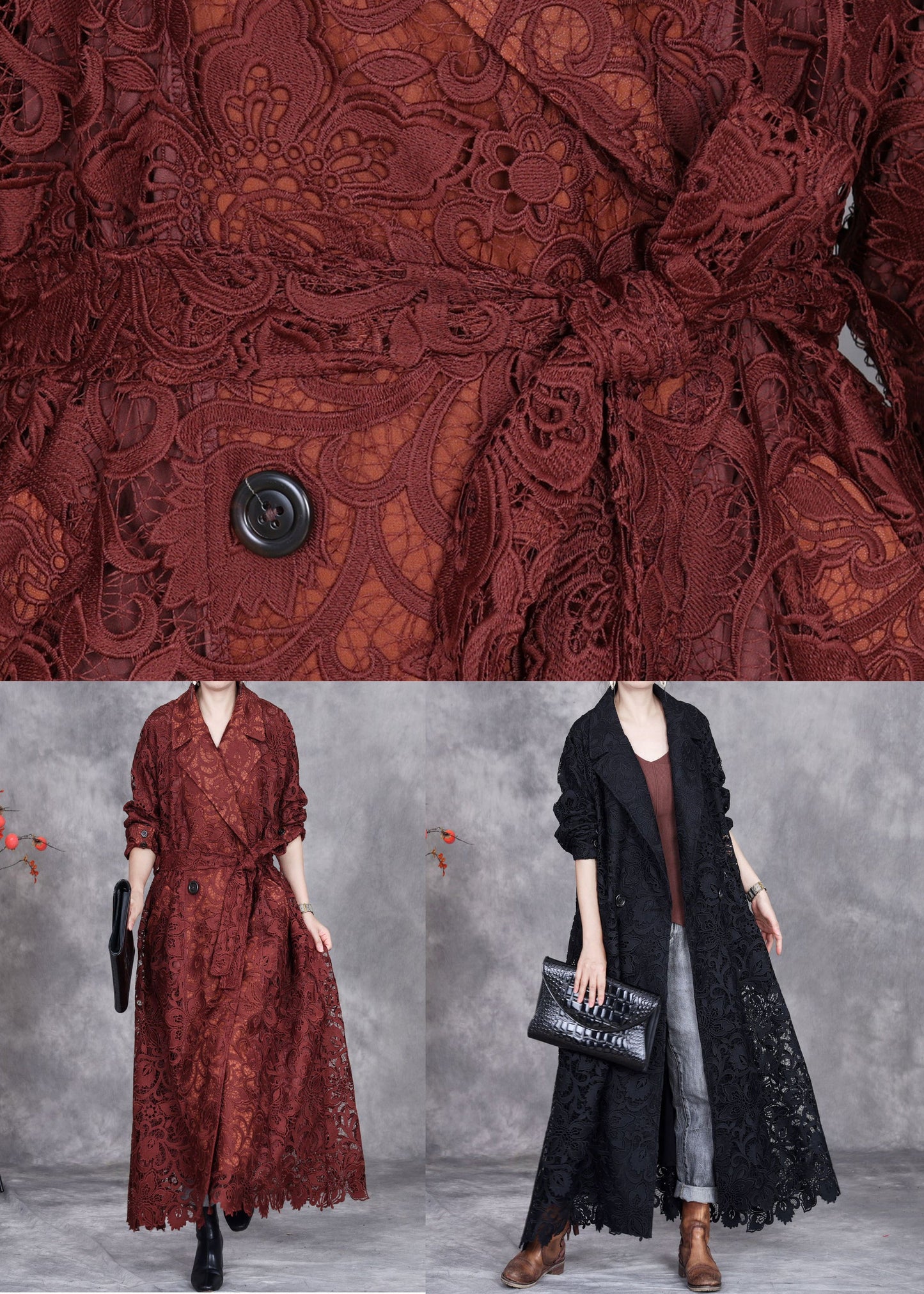 Italian Caramel Hollow Out Tie Waist Lace Long Trench Coat Spring