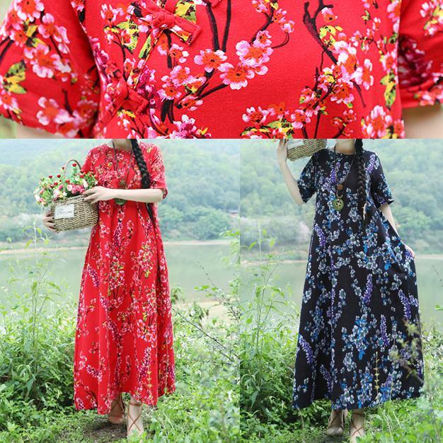 Italian Chinese Button Cotton Tunics Omychic Pattern Red Shift Dresses Summer