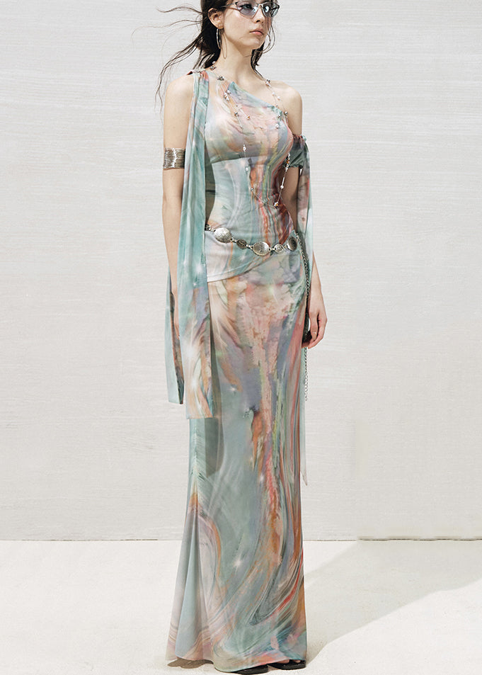 Italian Green Asymmetrical Print Tulle Two-piece Set Sleeveless