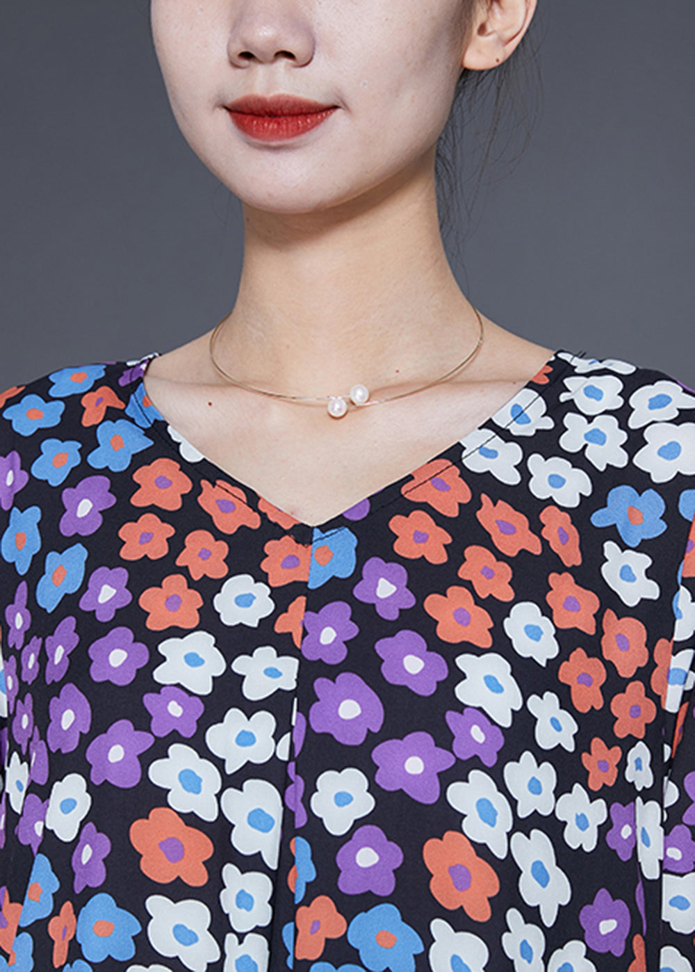 Italian V Neck Print Silk Cinched Dresses Long Sleeve