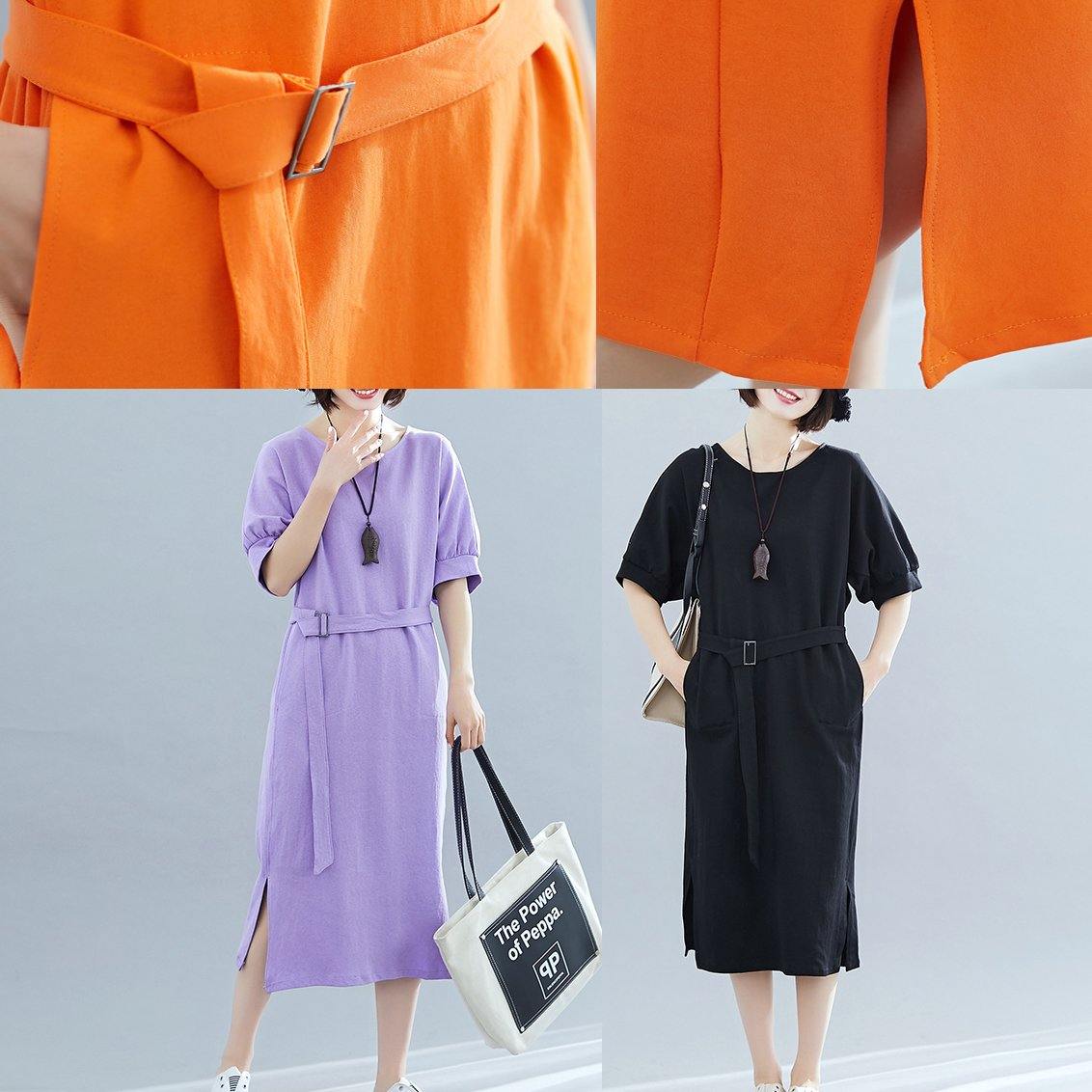 Italian Black Cotton Wardrobes O Neck Side Open Art Summer Dress