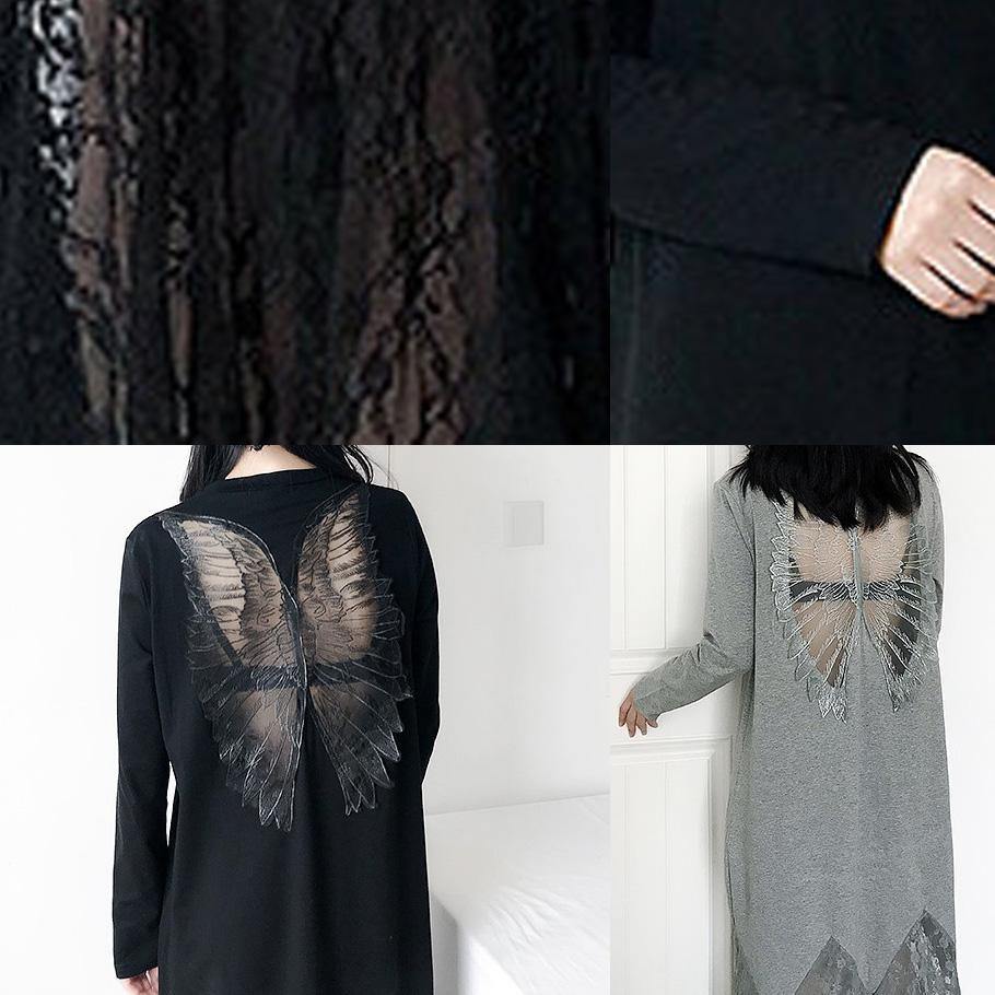Italian Black Cotton Dress Hollow Out Maxi Summer Patchwork Dress