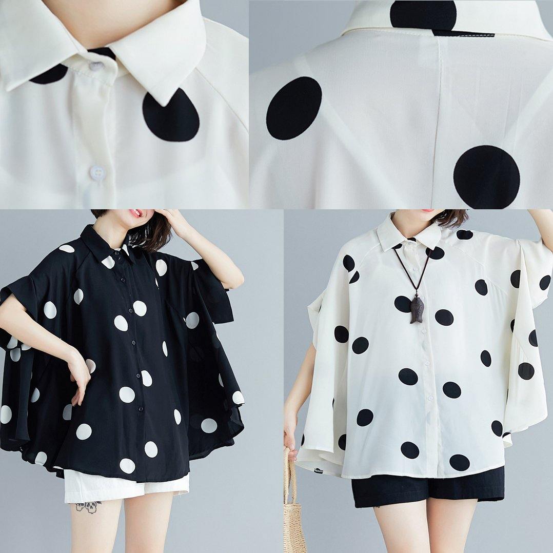 Italian Black Dotted Chiffon Tops Quality Sewing Lapel Art Summer Shirt
