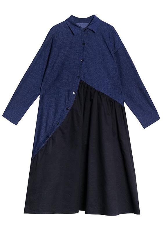 Italian Black Patchwork Blue Dress Lapel Cinched Oversized Dress