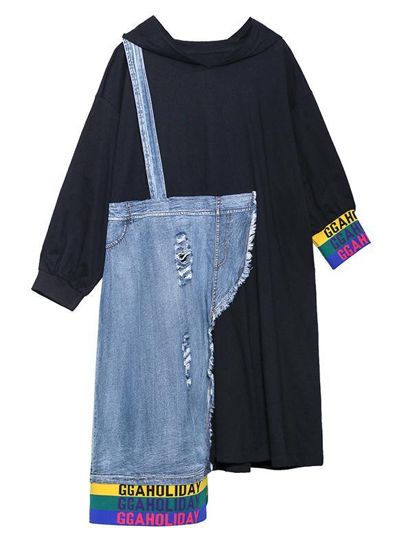 Italian Black Patchwork Denim Blue Quilting Clothes O Neck Hole Long Dress