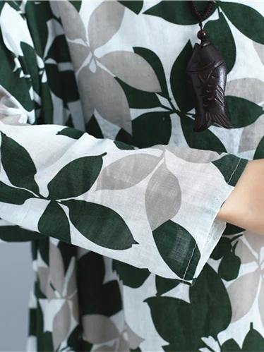 Italian Green Print Cotton Clothes for O Neck Long Sleeve Maxi Dress