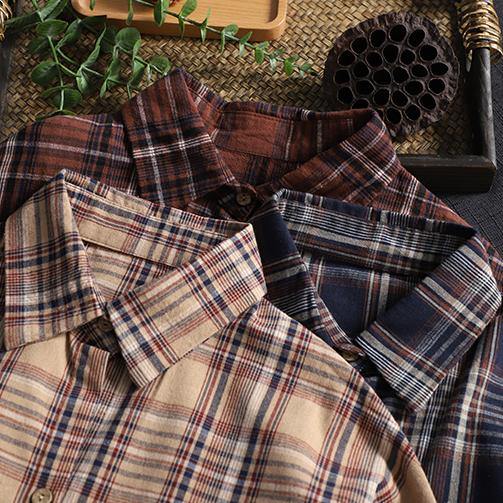 Italian Lapel Pockets Crane Tops Sewing Khaki Plaid Blouses
