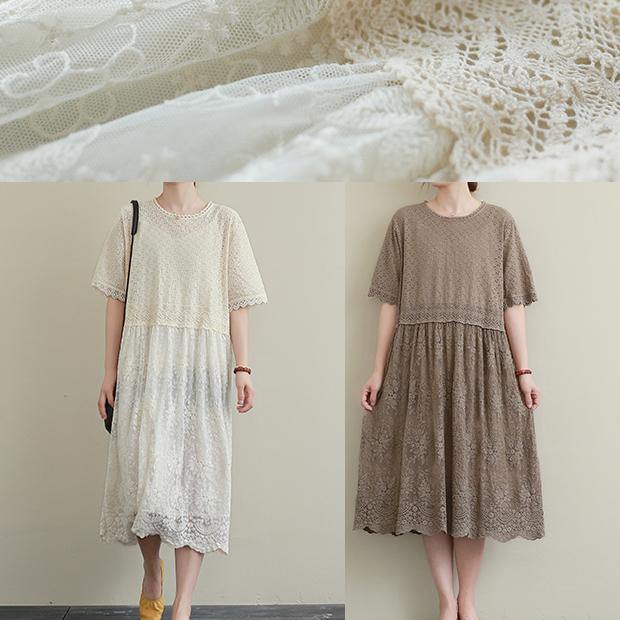 Italian Patchwork Hollow Out Cotton Clothes Outfits Beige Embroidery Dresses